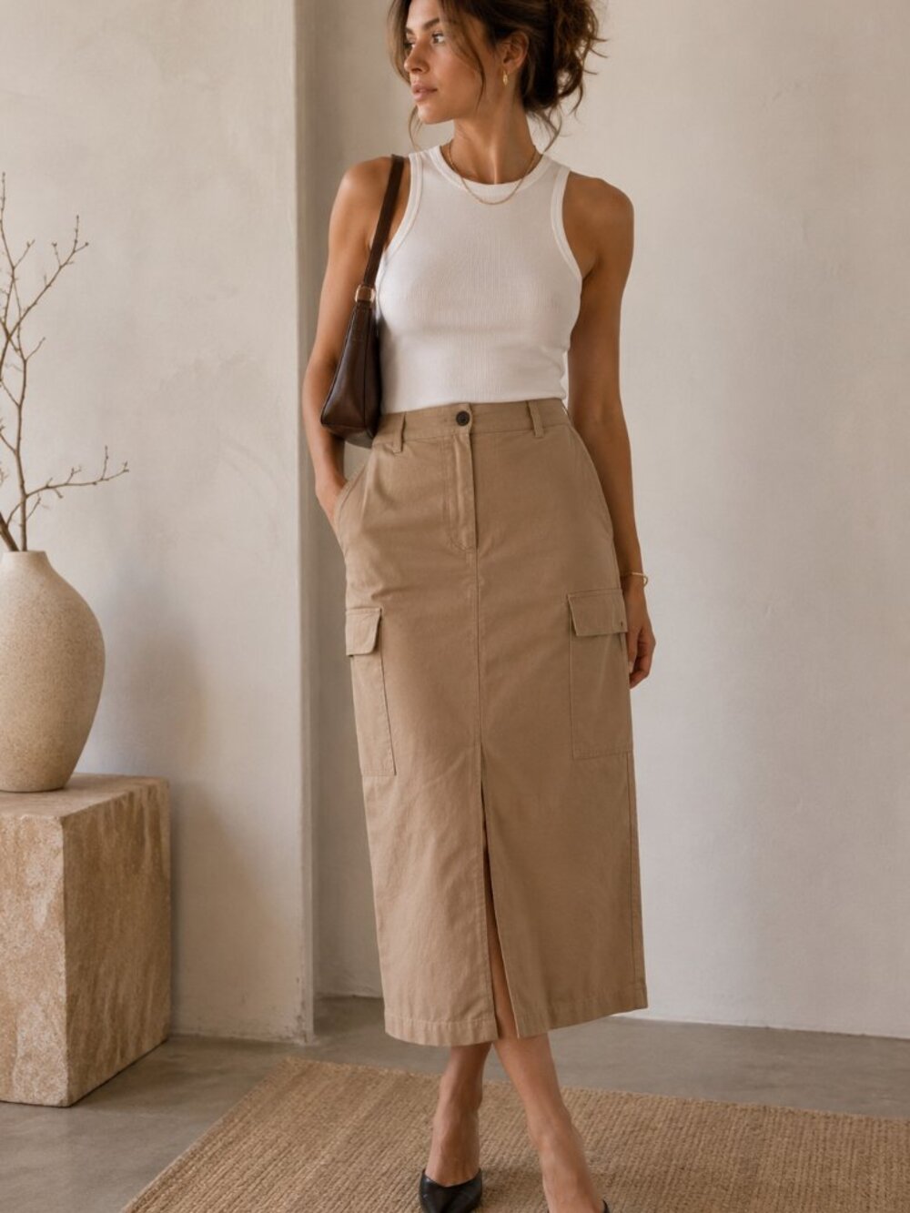 Jason Wu Cargo Midi Skirt Tan Size Small NWT Minimalist Utility